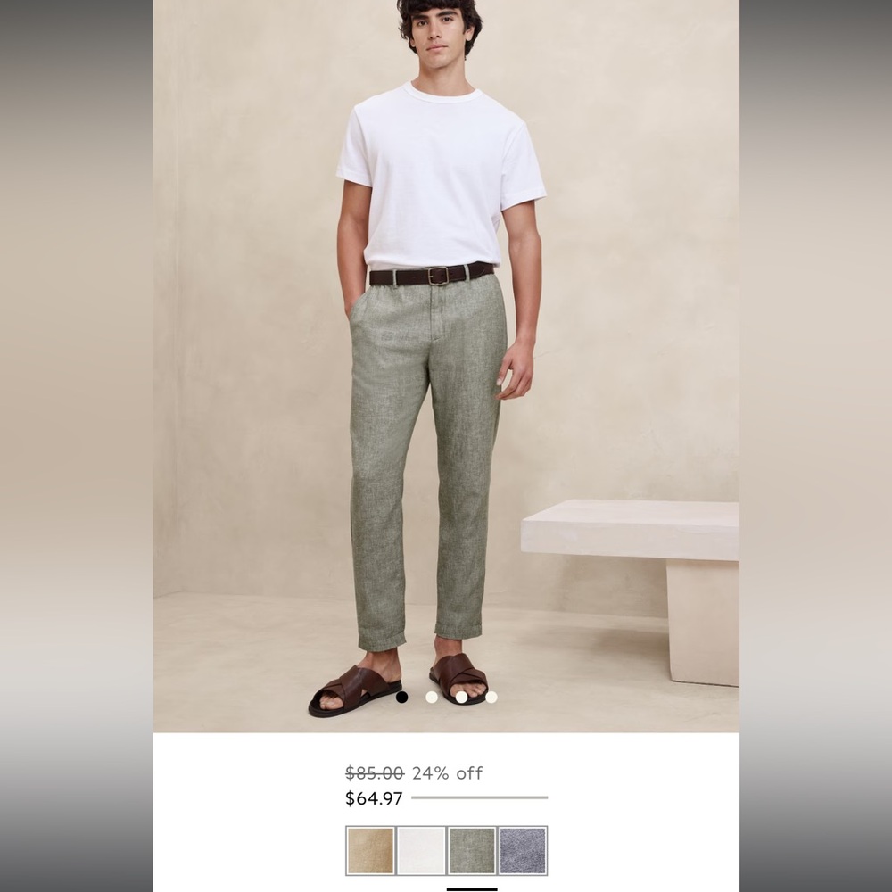 Banana Republic linen blend e-waist athletic fit pants, olive grey-green